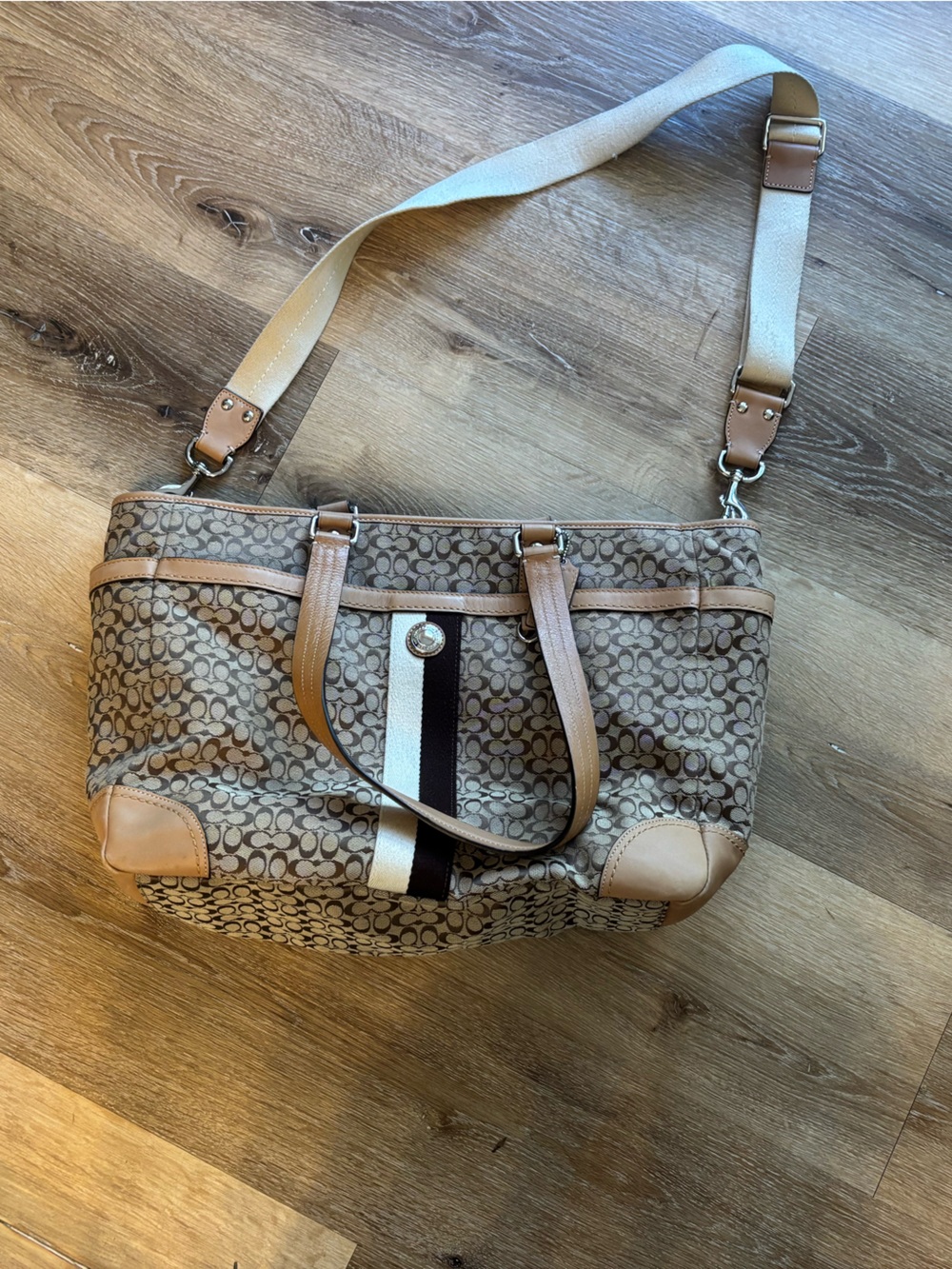 Coach Signature Canvas Duffel in Beige and Tan with Center Stripe